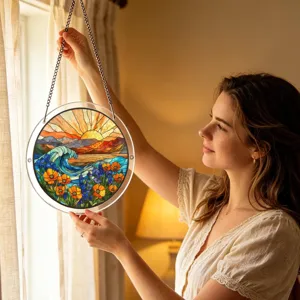 Attrape-soleil acrylique rond vitrail vague lever de soleil fleurs suspension fenetre
