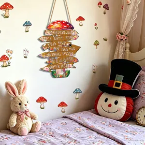 Pancarte suspendue en bois Alice au pays des merveilles avec flèches pour décoration.