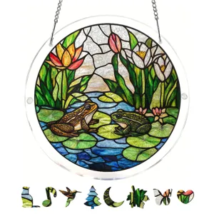 Acrylic stained glass suncatcher window hanging with frog and nature elements decor.