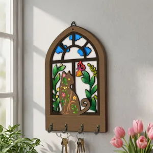 Wooden key holder wall decor bohemian cat hanging hook entryway home decoration detail view