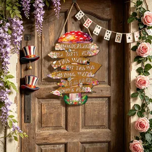 Plaque de porte suspendue champignon en bois Alice au pays des merveilles pour fête