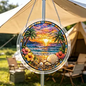 Décoration suspendue attrape-soleil puzzle en acrylique avec design de coucher de soleil de plage.