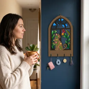 Detailed view of the bohemian wooden key holder wall decor featuring a cute cat design.