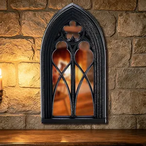 Gothic arch window wall mirror detail, antique black framed decorative mirror for home decor.