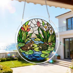 Acrylic frog suncatcher stained glass style window hanging pond decor art ornament.