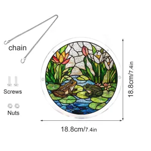 Stained glass style acrylic frog suncatcher window hanging with chain and mounting screws detail.