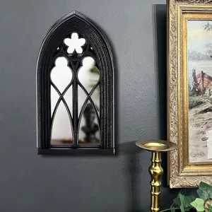 Gothic black window wall mirror detail view, vintage architectural arched decorative mirror ornament.