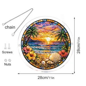 Décoration suspendue attrape-soleil puzzle en acrylique avec motif de coucher de soleil plage.