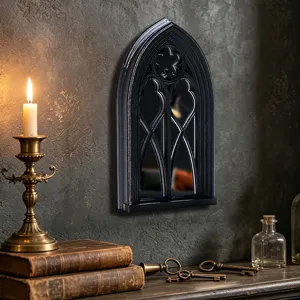 Gothic window mirror wall decor detail, vintage black arch mirror gothic room decoration