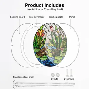 Acrylic stained glass frog puzzle window hanging parts details and components breakdown view.