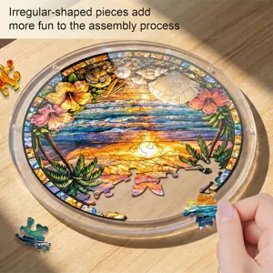 Puzzle acrylique rond avec design de plage, pièces irrégulières pour un loisir créatif.