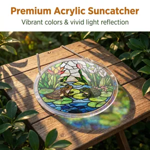 Premium acrylic suncatcher featuring vibrant frog water lily with stunning light reflection.