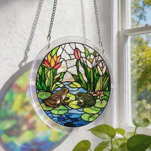 Round stained glass style acrylic frog and lotus pond suncatcher pendant with hanging chain.