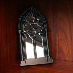 Gothic window arch mirror detail, black vintage architectural home decor wall ornament.