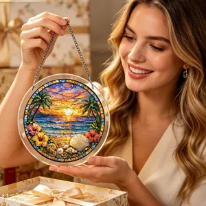 Attrape-soleil puzzle acrylique rond avec chaîne motif plage tropicale coucher de soleil