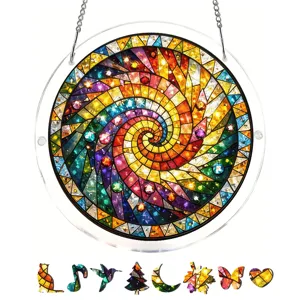Acrylic suncatcher puzzle hanging decor detail, featuring a vibrant stained glass spiral pattern.