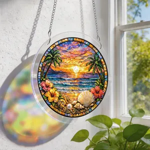 Pendentif suspendu de puzzle d'attrape-soleil en acrylique style vitrail avec plage tropicale.