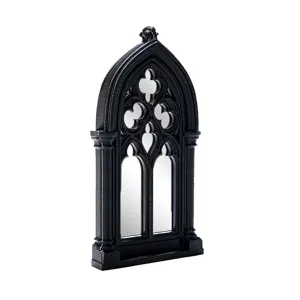 Detailed view of the 3D gothic window mirror, featuring intricate arched frame and clear reflective glass.
