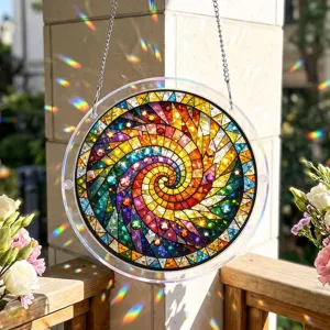 Stained acrylic suncatcher hanging with vibrant spiral mosaic design for window decor.