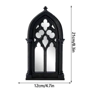 Gothic arched window decorative mirror black wall hanging vintage room decor detail view