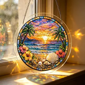 Attrape-soleil rond en acrylique avec motif de coucher de soleil sur une plage tropicale.