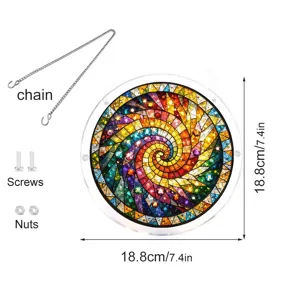 Acrylic stained glass suncatcher with chain and screws, colorful spiral window hanging decor.