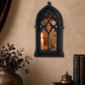Gothic arched window wall mirror detail shot, black decorative vintage frame for home decor.