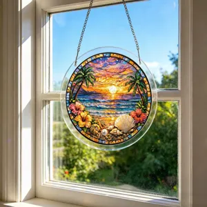 Magnifique attrape-soleil en acrylique avec coucher de soleil tropical et fleurs colorées.