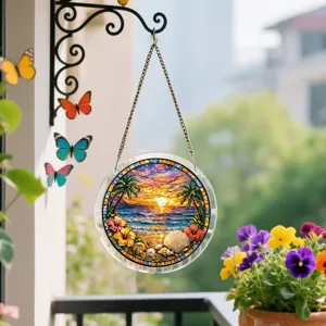 Ornement suspendu en puzzle acrylique attrape-soleil avec design de coucher de soleil de plage.