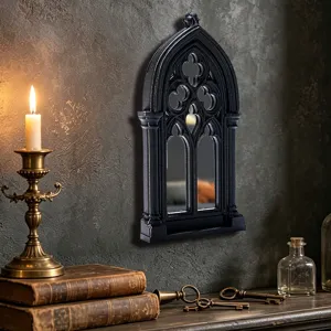 Gothic cathedral window mirror for wall decor, vintage black 3D arched hanging mirror aesthetic.