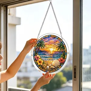 Attrape-soleil puzzle en acrylique pour fenetre avec motif de plage au coucher du soleil.