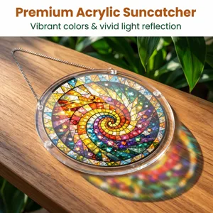 Vibrant acrylic suncatcher with colorful spiral stained glass design for window hanging.