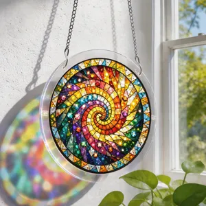 Round acrylic stained glass window suncatcher hanging decoration with colorful swirl design.