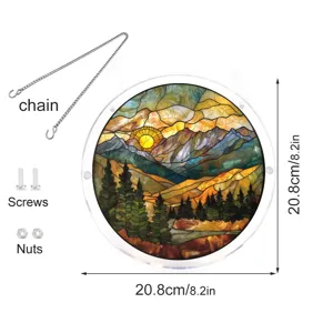 Attrape-soleil rond en acrylique pour fenetre avec paysage de montagne, chaine et vis.