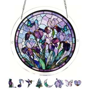 Acrylic suncatcher window hanging with purple iris and butterfly pattern, stained glass style.