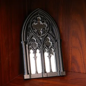 Detailed view of the gothic arch window mirror, showcasing intricate frame for home decoration.