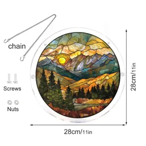 Vue détaillée du capteur de soleil rond en acrylique avec paysage de montagne, chaîne et vis.