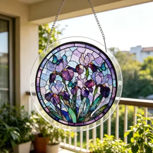 Round acrylic suncatcher window hanging with stained glass style purple iris and butterfly.