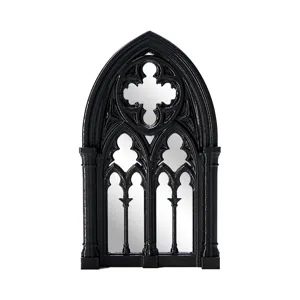 Gothic arch window mirror detail, black vintage church wall decor mirror display item.