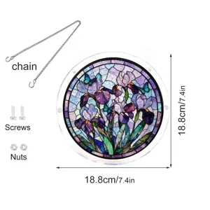 Round acrylic suncatcher window hanging with iris flower pattern and hanging chain accessories.