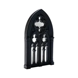 Gothic window mirror detail view, black decorative arched wall mirror with vintage cathedral design.