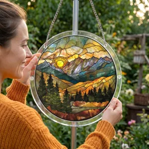 Gros plan détaillé d'un attrape-soleil de paysage acrylique coloré suspendu rond.