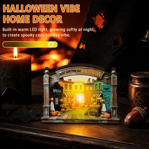Halloween LED lighted wooden miniature street scene tabletop decor for holiday party display.
