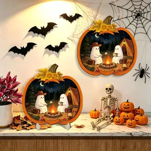 Halloween pumpkin wooden hanging sign and table decor featuring cute ghost art design.