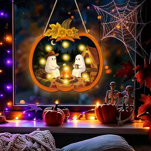 Halloween wooden hanging sign with glowing pumpkin design, perfect for window and wall decor.