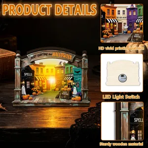 Halloween lighted wooden tabletop decoration detail, featuring intricate street view design.