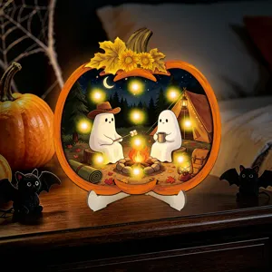 Halloween glowing wooden pumpkin table decor, cute ghost camping scene with warm LED lights.