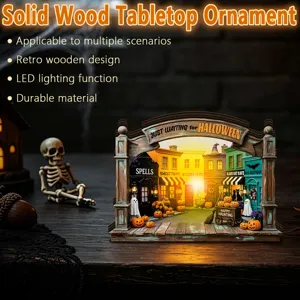 Halloween wooden tabletop ornament with LED lights, retro design for holiday party decor.