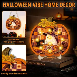 Halloween LED wooden pumpkin hanging sign home decor with cute ghost design for party.