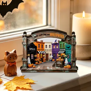Halloween glowing wooden tabletop decoration detailed view for spooky party festive display setup